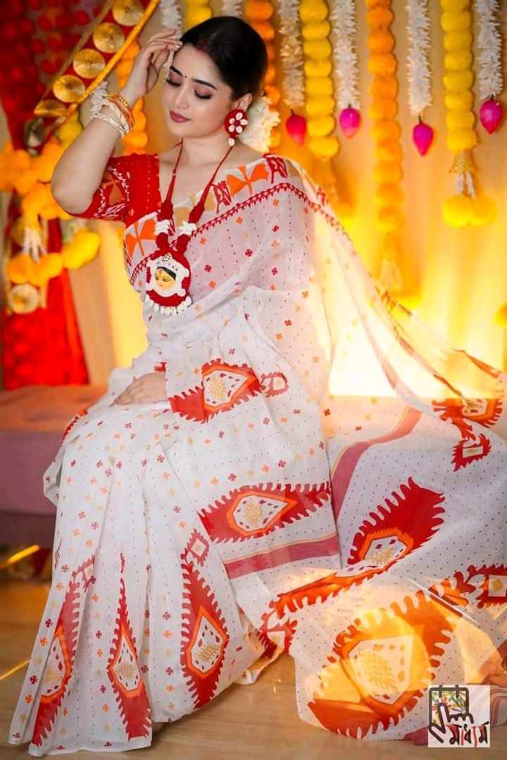 Half silk block print sharee