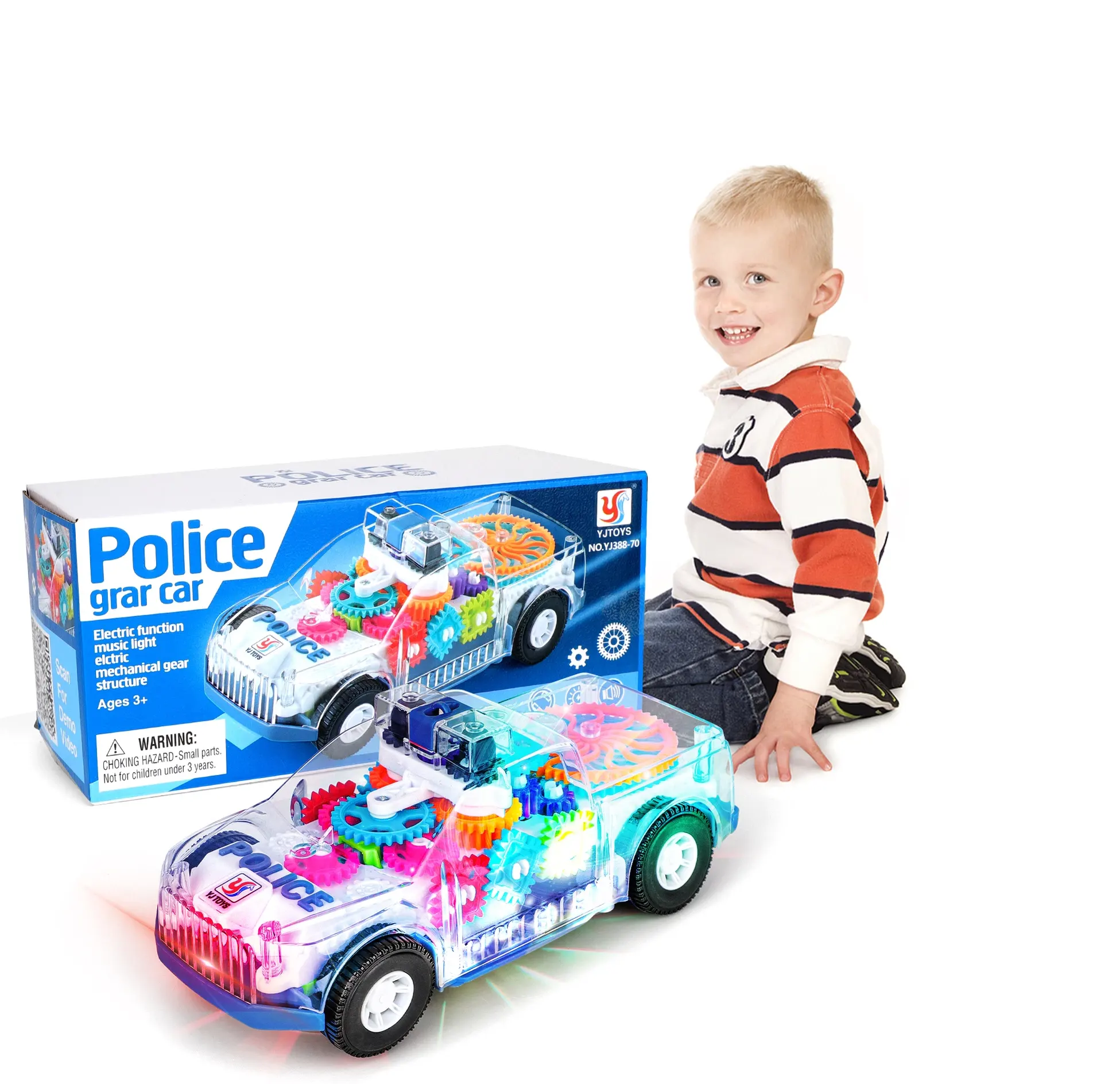 Light Up Transparent Gears Police Car Toy for Kids Bump and Go Toy Car for Boys